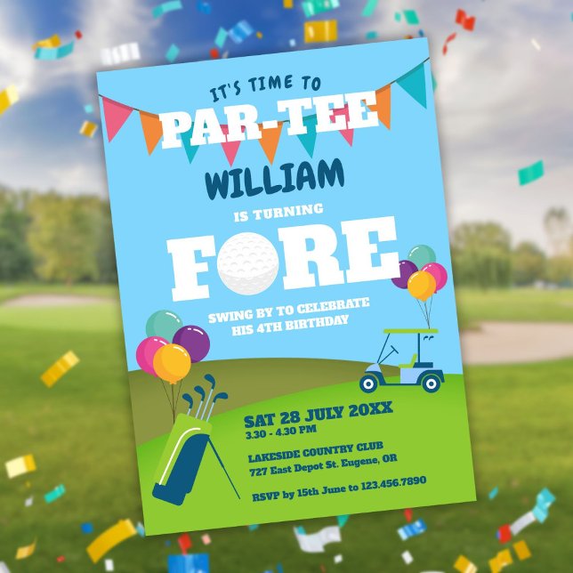 Invitation Fête d'anniversaire 4 ans Hole In One Golf Partee  (Hole In One Golf Partee 4th Birthday Party Invitation)