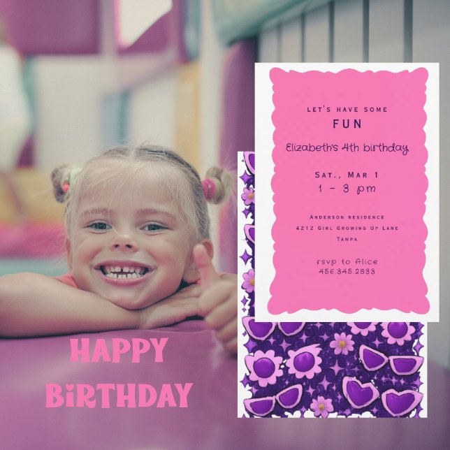 Invitation Fête d'anniversaire 4 ans II violet et rose capric (Créateur téléchargé)