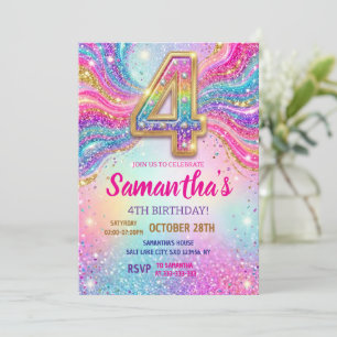 Invitation Fête d'anniversaire 4 ans Paillettes Étincelles Ar