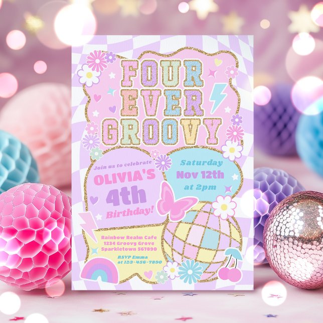 Invitation Fête d'anniversaire 4 ans Quatre Forever Groovy Pr (Créateur téléchargé)