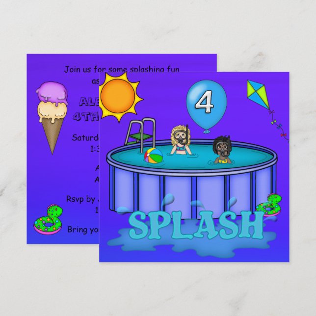 Invitation Fête d'anniversaire 4 ans "Splash" au bord de la p (Devant / Derrière)