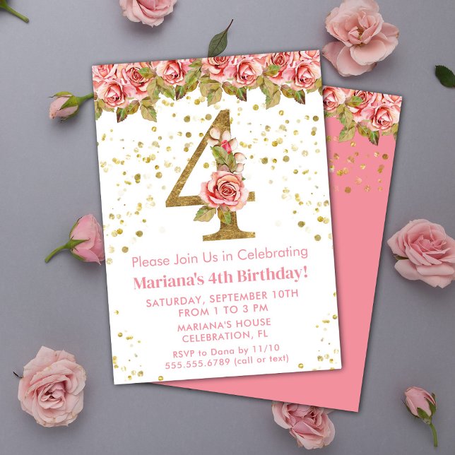 Invitation Fête d'anniversaire 4 ans thème Roses roses (Créateur téléchargé)