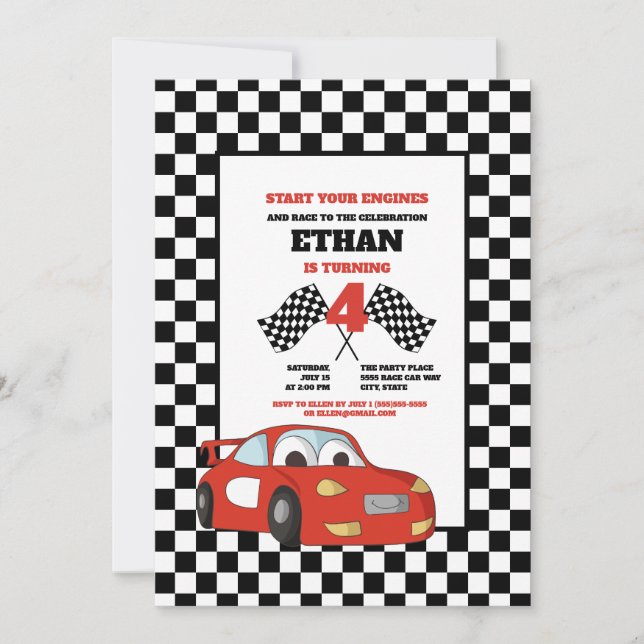Invitation Fête d'anniversaire 4 ans voiture de course rouge  (Devant)