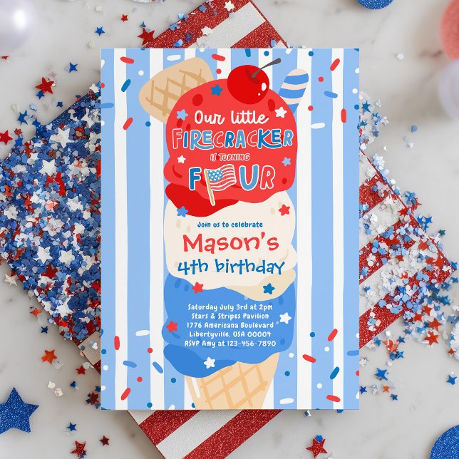 Invitation Fête d'anniversaire 4 juillet Little Firecracker 4 (Créateur téléchargé)