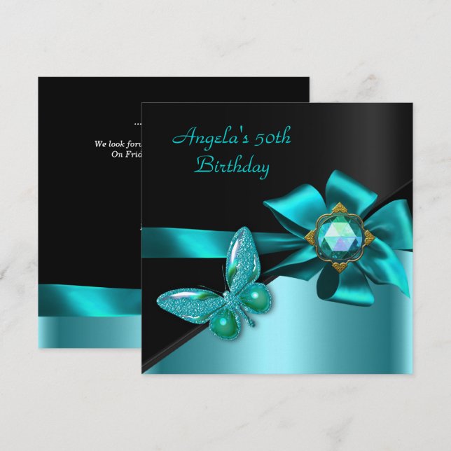 Invitation Fête d'anniversaire 50 50 ans Teal Bleu Papillon (Devant / Derrière)