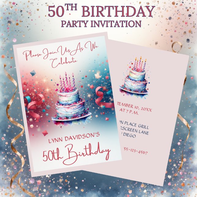 Invitation Fête d'anniversaire 50 ans aquarelle rose (50th Birthday Party Invitation Pink Watercolors)