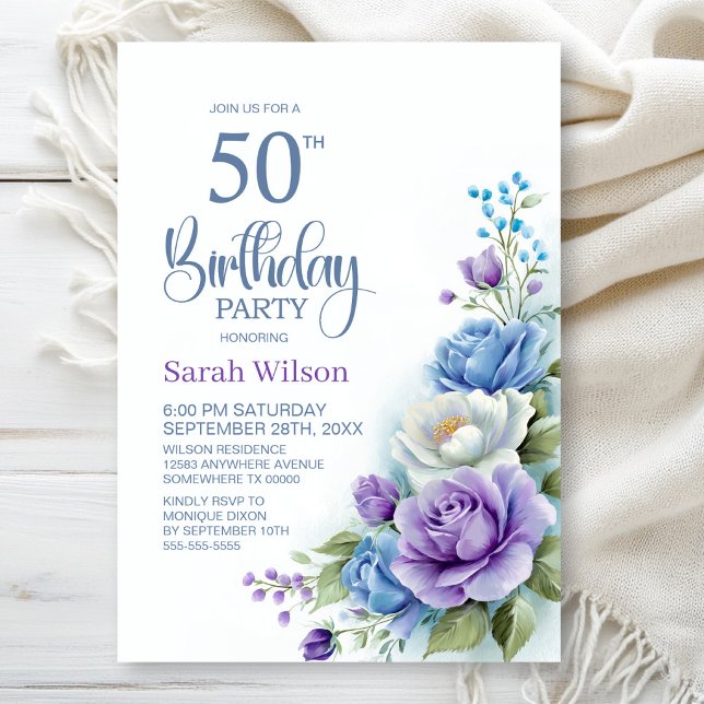 Invitation Fête d'anniversaire 50 ans aux fleurs violettes et (Créateur téléchargé)