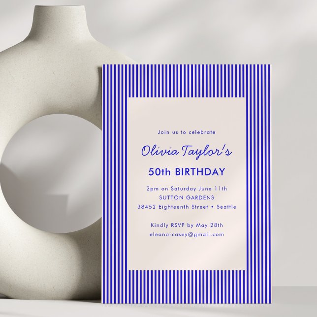 Invitation Fête d'anniversaire 50 ans avec rayure bleu royal (Créateur téléchargé)