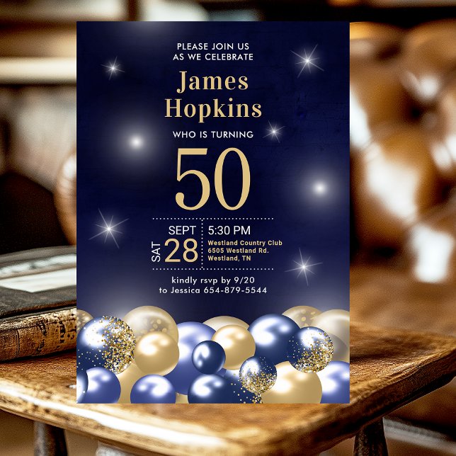 Invitation Fête d'anniversaire 50 ans Ballons Bleu Nuit Or (Créateur téléchargé)