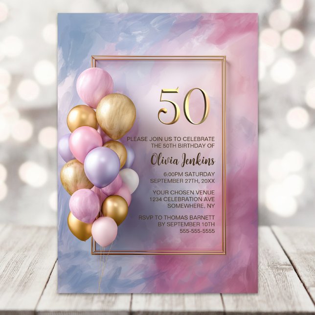 Invitation Fête d'anniversaire 50 ans Ballons en Or Rose (Créateur téléchargé)