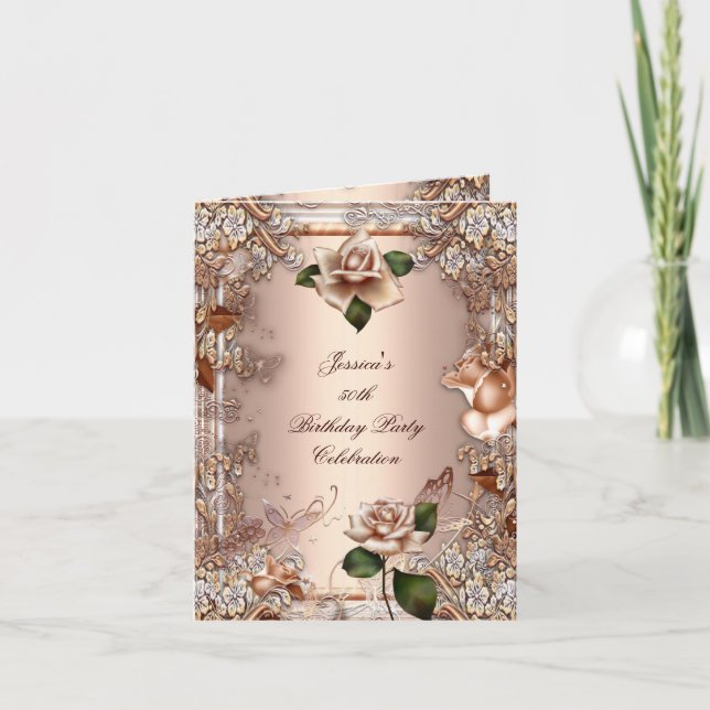 Invitation Fête d'anniversaire 50 ans Beige Or Ros (Devant)