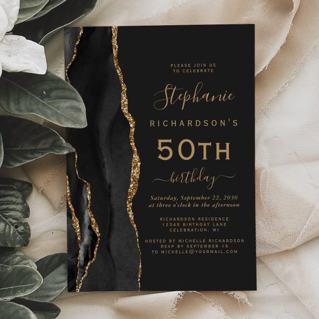 Invitation Fête d'anniversaire 50 ans Black Gold Agate Dark (Créateur téléchargé)