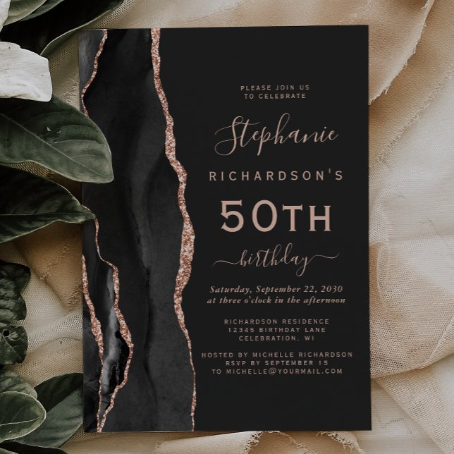 Invitation Fête d'anniversaire 50 ans Black Rose Gold Agate D (Créateur téléchargé)