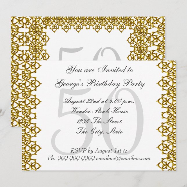 Invitation Fête d'anniversaire 50 ans blanc et or Blanc (Devant / Derrière)