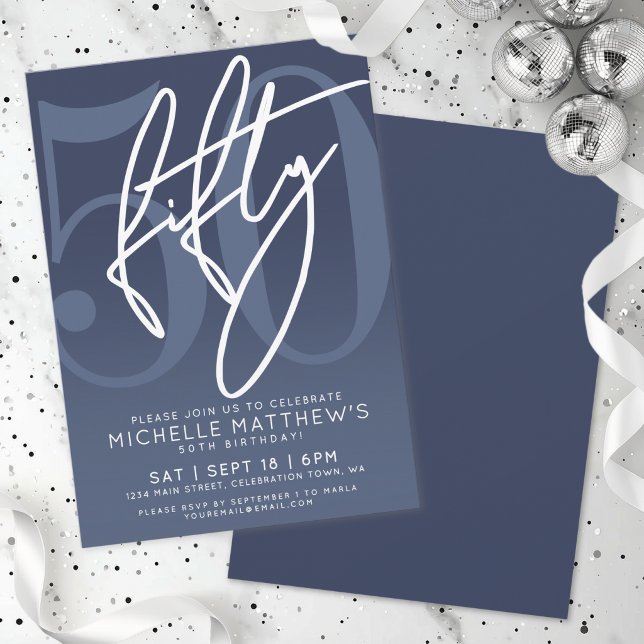 Invitation Fête d'anniversaire 50 ans bleu marine (Navy Blue 50th Birthday Party Invitation)