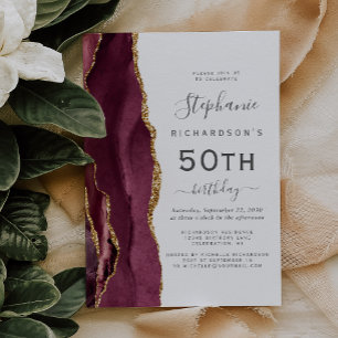 Invitation Fête d'anniversaire 50 ans Bourdon Rouge Or Agate