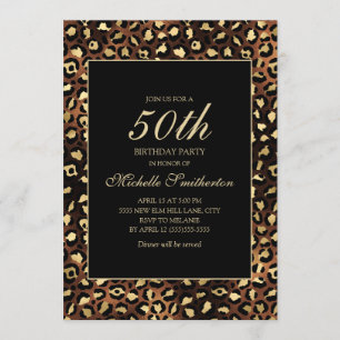 Invitation Fête d'anniversaire 50 ans Bronze Or Noir Léopard