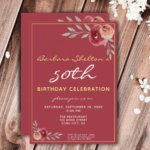 Invitation Fête d'anniversaire 50 ans Burgundy Floral