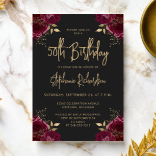 Invitation Fête d'anniversaire 50 ans Burgundy Gold Floral Da