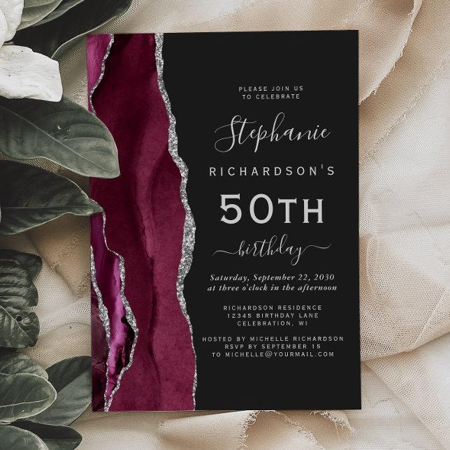 Invitation Fête d'anniversaire 50 ans Burgundy Silver Agate D (Créateur téléchargé)