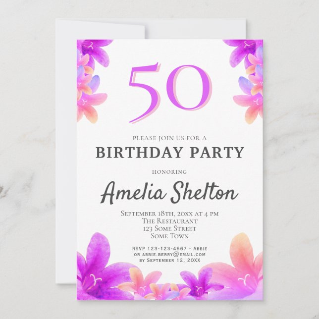 Invitation Fête d'anniversaire 50 ans Campanules Floral Rose (Devant)