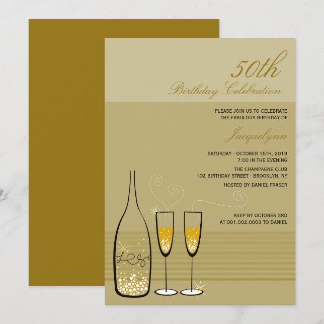 Invitation Fête d'anniversaire 50 ans Champagne Doré Élégant (Devant / Derrière)