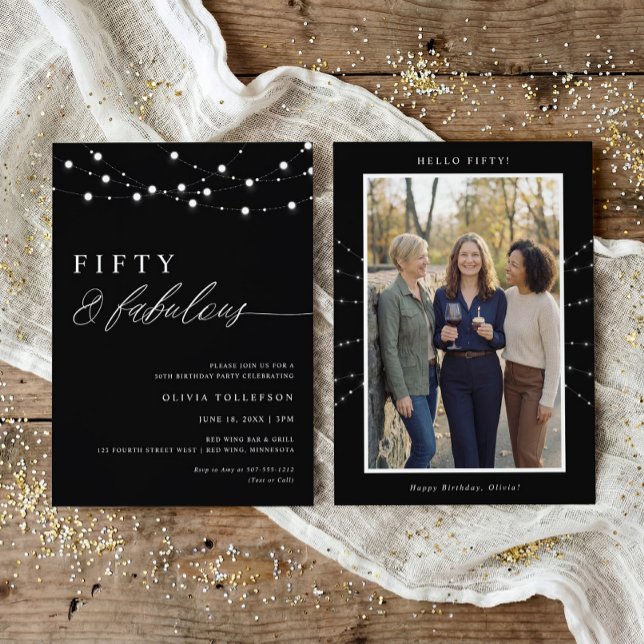 Invitation Fête d'anniversaire 50 ans Cinquante & Fabuleux Mo (Modern fifty fabulous 50th birthday invitation with white glitter accents and photo back design)