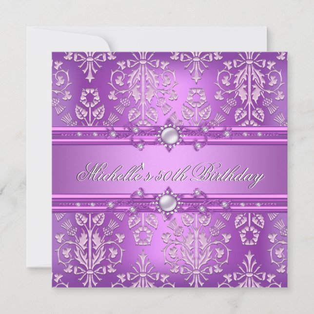 Invitation Fête d'anniversaire 50 ans Damask perle rose viole (Devant)