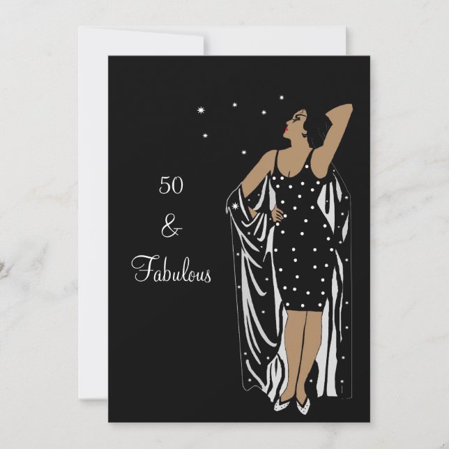 Invitation Fête d'anniversaire 50 ans Déco Diva rétro Noir Bl (Devant)