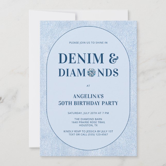 Invitation Fête d'anniversaire 50 ans Denim and Diamonds Blue (Devant)