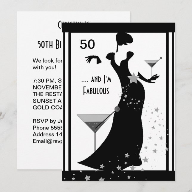 Invitation Fête d'anniversaire 50 ans Diva Art déco Noir Blan (Devant / Derrière)