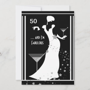 Invitation Fête d'anniversaire 50 ans Diva Art déco Noir Blan