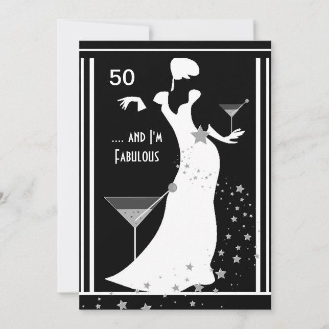 Invitation Fête d'anniversaire 50 ans Diva Art déco Noir Blan (Devant)