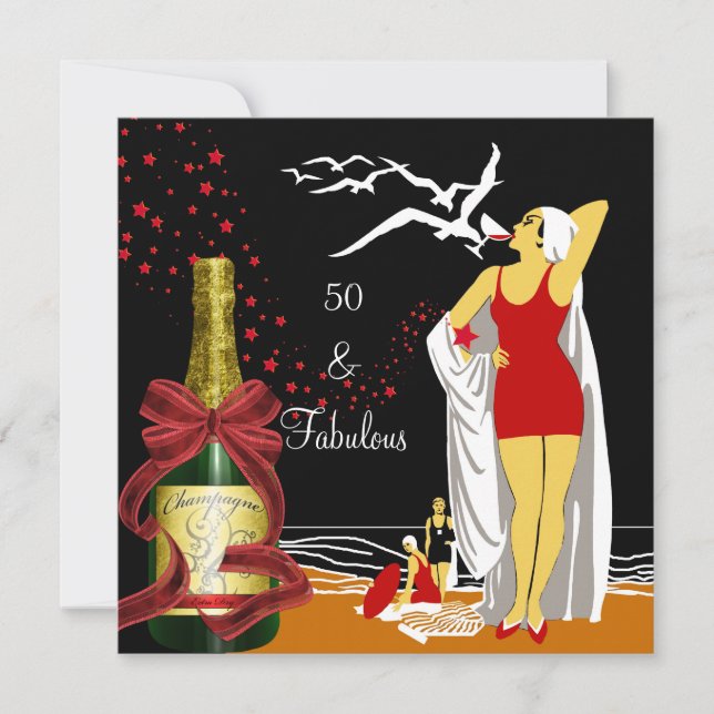 Invitation Fête d'anniversaire 50 ans Diva rétro Art déco Rou (Devant)