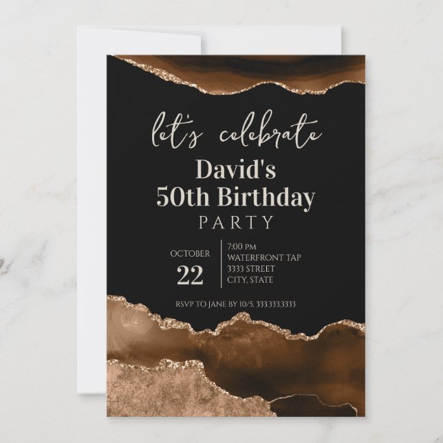 Invitation Fête d'anniversaire 50 ans en Agate Brun et Noir (Devant)