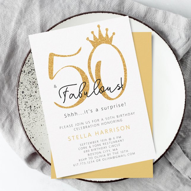 Invitation Fête d'anniversaire 50 ans et fabuleuse avec paill (Gold Glitter 50th and Fabulous Birthday Party Invitation)