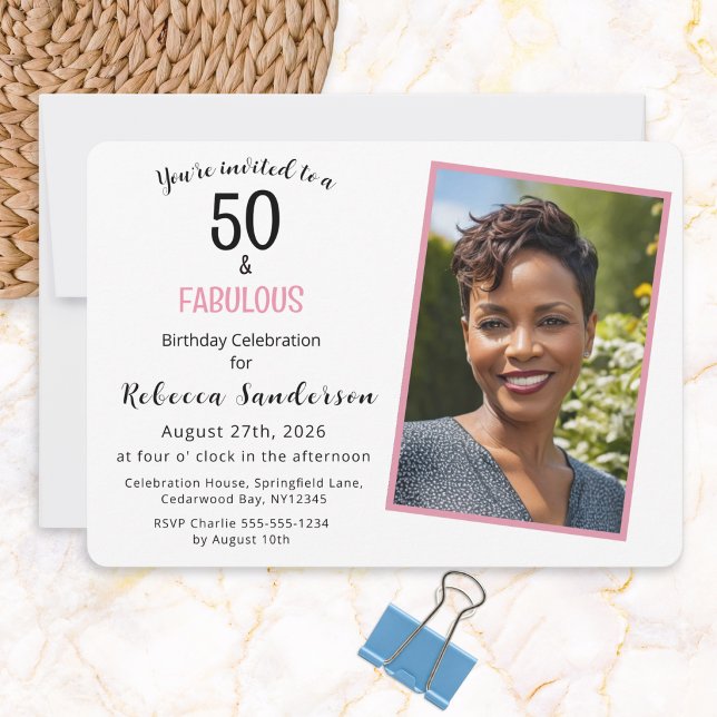 Invitation Fête d'anniversaire 50 ans et Fabuleuse Rose (A stylish 50th birthday party invitation with custom name and photo)
