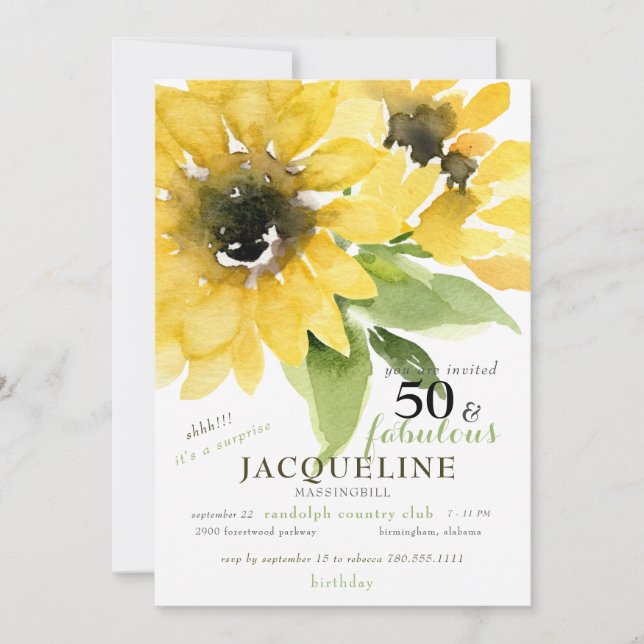 Invitation Fête d'anniversaire 50 ans et formidable Tournesol (Devant)