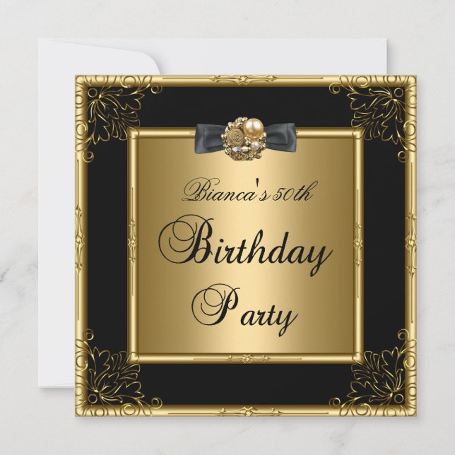 Invitation Fête d'anniversaire 50 ans femme Fleur Gold Black (Devant)