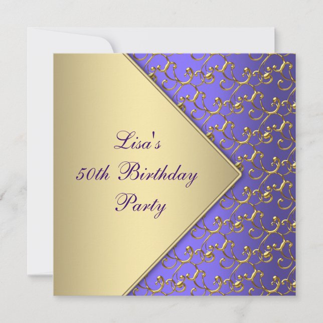 Invitation Fête d'anniversaire 50 ans femme or violet (Devant)