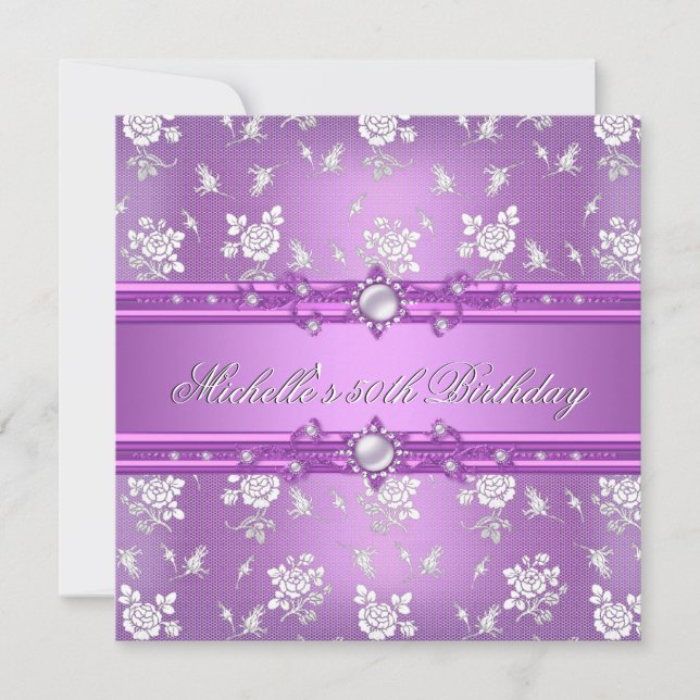 Invitation Fête d'anniversaire 50 ans Fleur de bijou perle ro (Devant)