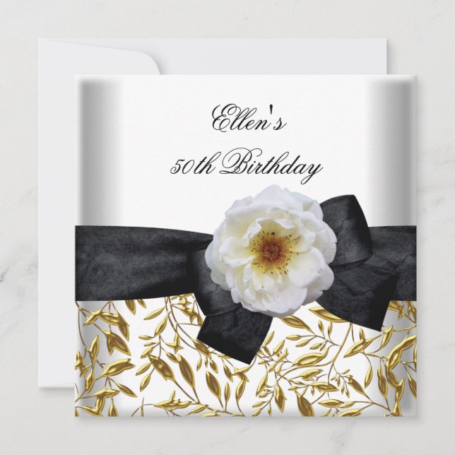 Invitation Fête d'anniversaire 50 ans Fleur en or blanc Ruban (Devant)