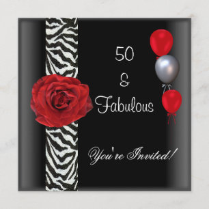 Invitation Fête d'anniversaire 50 ans Fleur Rose Rouge Noir B