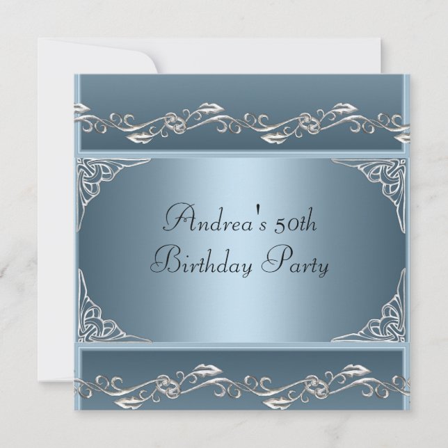 Invitation Fête d'anniversaire 50 ans Fleurie Argent Bleu Pre (Devant)