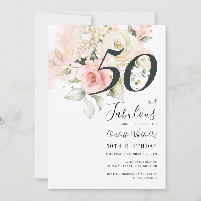Invitation Fête d'anniversaire 50 ans Floral 50 et Fabuleuse (Devant)
