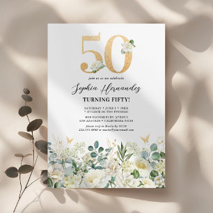 Invitation Fête d'anniversaire 50 ans Floral Vert & Blanc