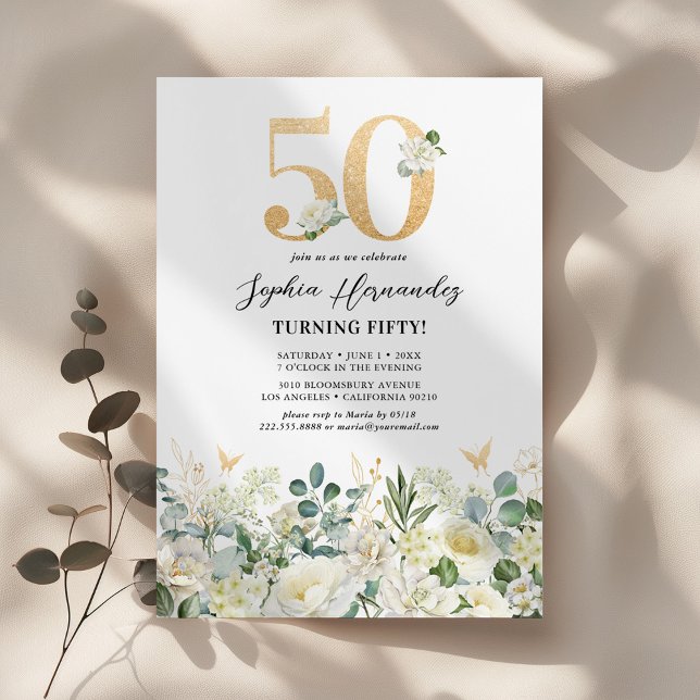 Invitation Fête d'anniversaire 50 ans Floral Vert & Blanc (Créateur téléchargé)