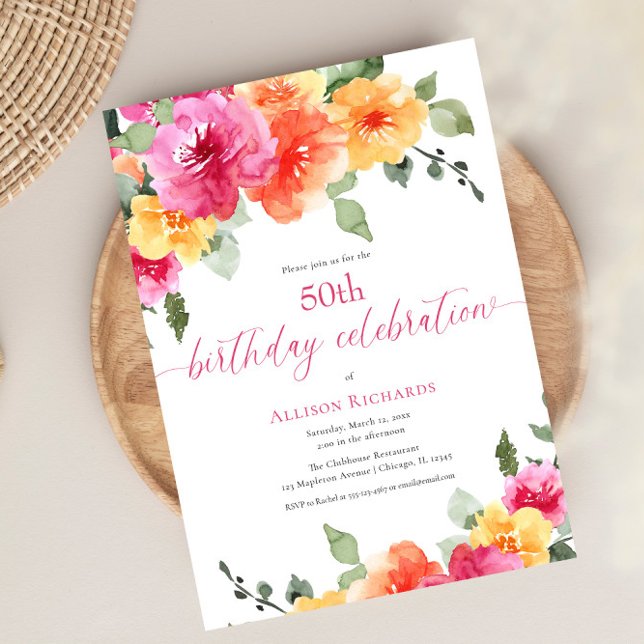 Invitation Fête d'anniversaire 50 ans florale orange rose vif (Créateur téléchargé)