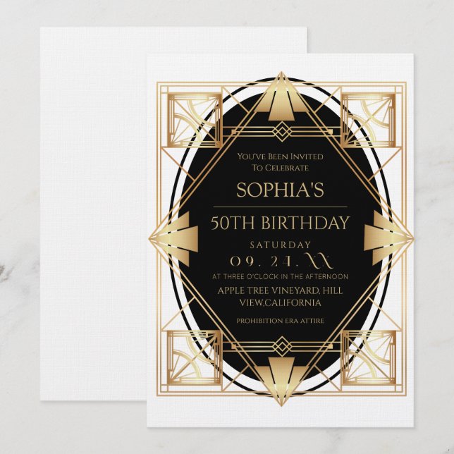 Invitation Fête d'anniversaire 50 ans Gatsby Art Déco (Devant / Derrière)