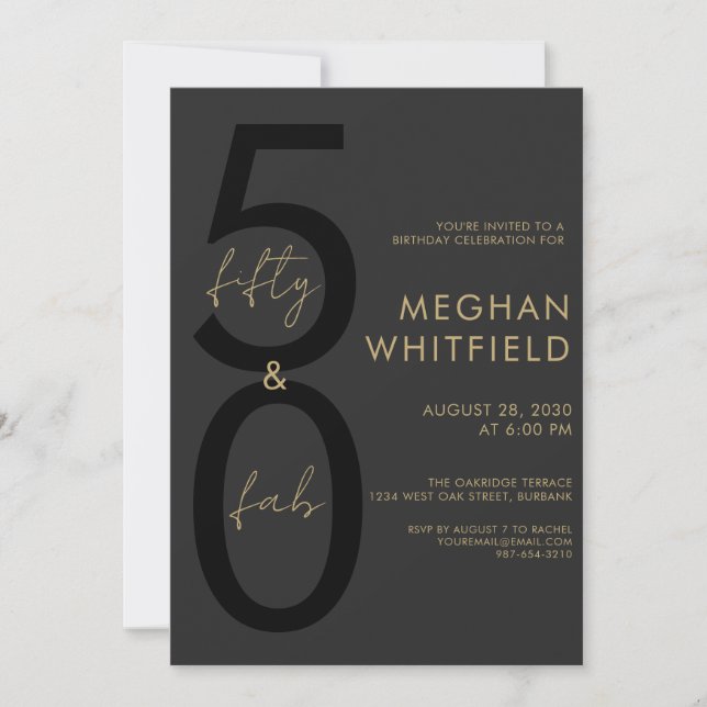 Invitation Fête d'anniversaire 50 ans Gold Black Fifty et Fab (Devant)